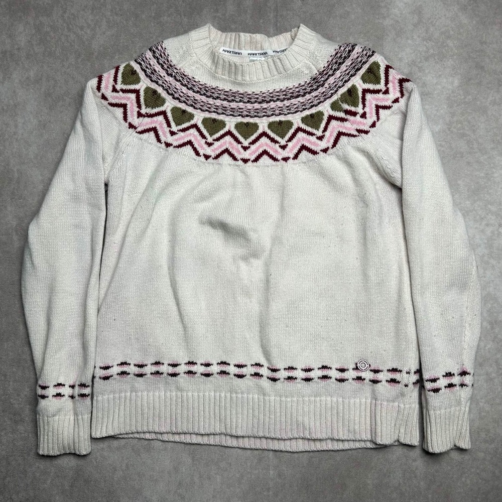 Kari Traa Womens XL Wool Blend Fair Isle Nordic Heart Sweater Cream Pink Green